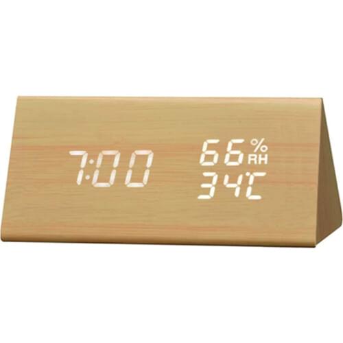 Ntelligent Digital Humidity and Temperature Alarm Clock Triangle Digital Baby Room Wood Clock Mute Luminous LED Electronic Gift