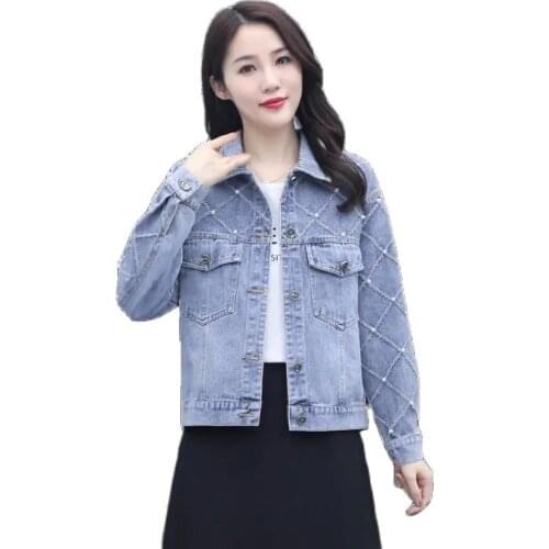 Plus Size Heavy Industry Denim Jacket Female 2021 Spring Autumn Loose Beaded Casual Korean Wild Jeans Jacket Women Coat Blue