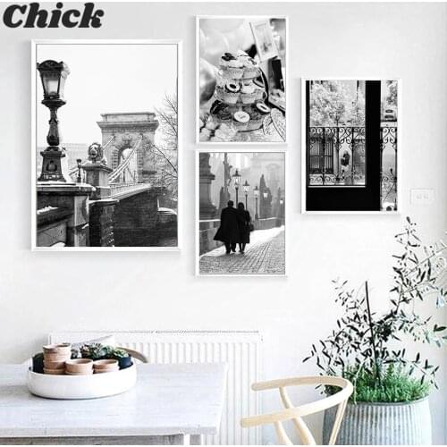 Black White Fashion Girl Car Bridge Vintage Nordic Posters And Prints Wall Art Canvas Painting Wall Pictures Living Room Decor