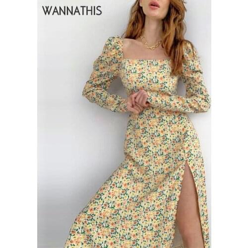 WannaThis Floral Print Midi Dress Women Long Sleeve Puff Sleeve Side Split Lady Elegant Square Collar Casual Floral Long Dresses