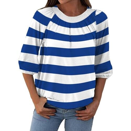 Women Half Sleeve T-Shirts Fashion Striped Long Sleeve Round Neck Pullover Slim Fit Bottoming LooseTop Gong Sleeve T-Shirts