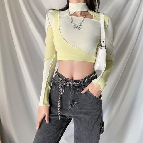 Women Irregular Crop Top Adults Sexy Long Sleeve Mock Neck Hollow Out Patchwork T-shirt For Autumn