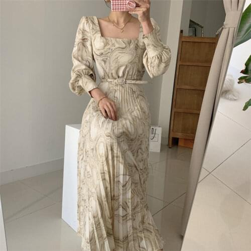 Alien Kitty High Quality Women Printed Slim Sweet Elegance Large Size Pleated Lady New Chic Square Collar Long Dresses Vestidos