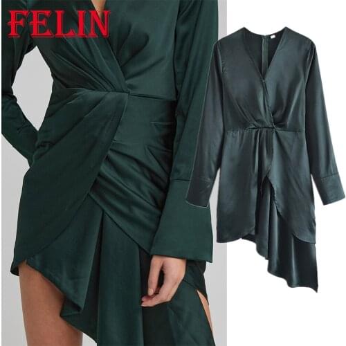 Za 2021 Women Stain Elegant Party Mini Dress Long Sleeve Ruffles V Neck Stylish Dress Sexy Sheath Drapped Vestidos