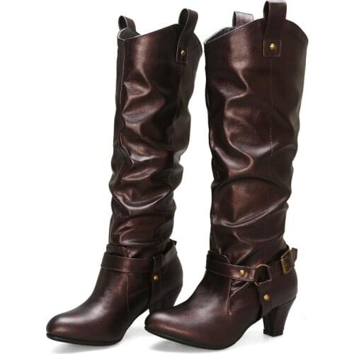 Winter Womens Shoes All-Match Solid Color Fashion Round Toe Ladies Shoes Pleated Faux Leather Thick Heel Mid-Calf Knight Boots