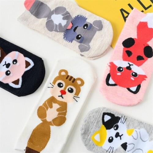 5 Pairs Summer New Cartoon Short Socks Women Dog Cat Monkey Fox Ankle Socks Female Korean Happy Funny Cute Cotton Socks Ladies