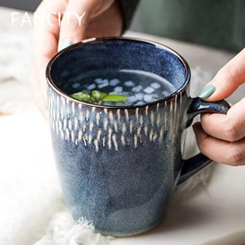 FANCITY European retro ceramic mug, Nordic ins simple water cup, household personality mug, blue coffee cup