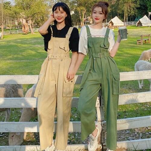 Jumpsuits Women Sashes Green Loose Suspender Straight Chic Oversize Overalls Cute Girls Korean Style Holiday Trendy Slim Leisure