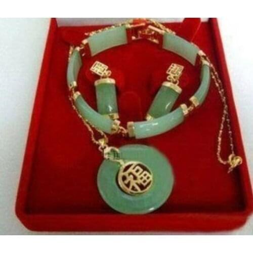 Good 14K Green jade bracelet lucky earrings Pendant necklace jewelry Set AAA