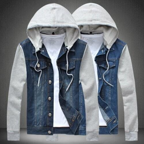 Large Size Men Casual Detachable Cap Hat Hooded Sportswear Demin Jackets Boy Spring Autumn Casual Splice Hoodies Jeans Coat Tops