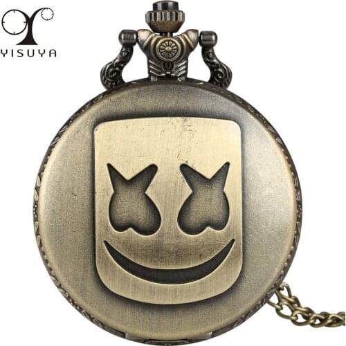 Lovely Marshmallow Mask Pattern Display Full Hunter Quartz Pocket Watch Retro Black/Bronze/Grey Black Pendant Necklace Clock