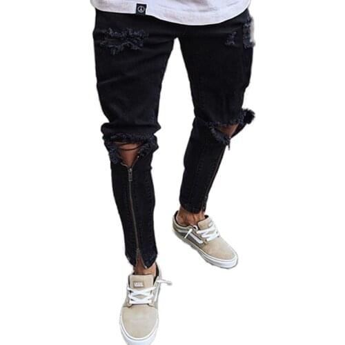 Mens Cool Designer Brand Black Jeans Skinny Ripped Destroyed Stretch Slim Fit Hop Hop Pants Zipper Design Holes Biker Jeans
