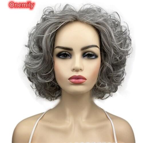 Onemily Silver Gray Dark Brown Mixed Short Wavy Curly Fashion Natural Hair Wigs for White Women Black Women