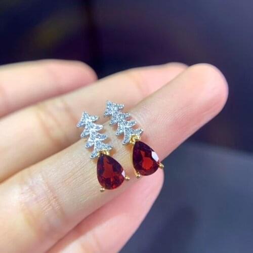 Personality cute christmas tree natural gemstone stone drop earrings 925 silver Natural red garnet earring girl for party gift