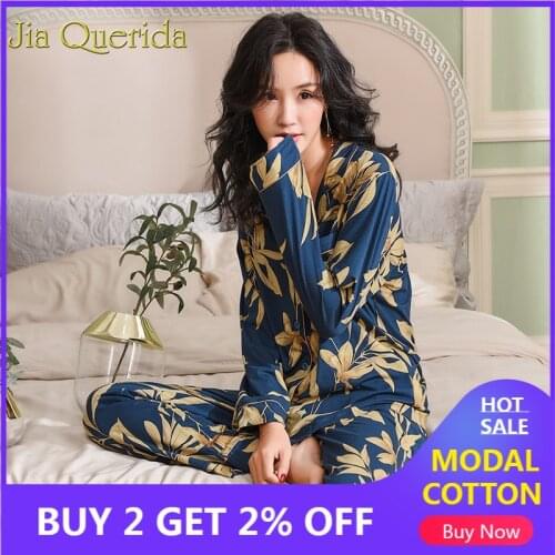 Spring Autumn Pajama Cotton Plush Lady Homewear Women Pyjamas Set Plus Size Floral Printing Women Pyjamas Navy Luxury Loungewear