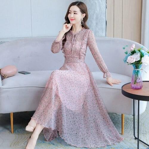 Floral Women Clothing 2020 Autumn New Long-sleeved French Chiffon Dress Korean Version Of Slim Temperament Fairy Lady Dress K981