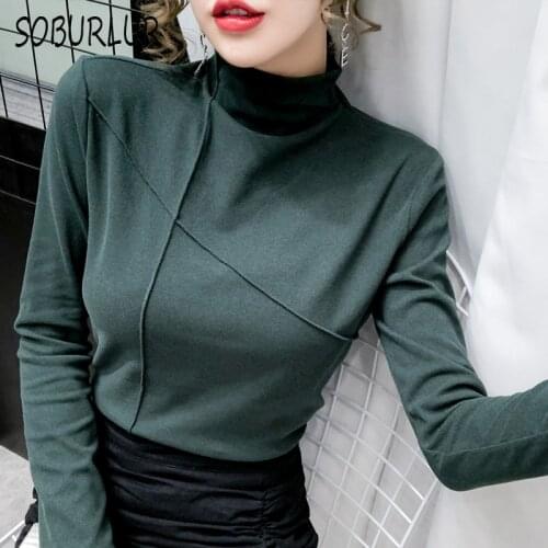 Long Sleeve T Shirt Women Autumn Winter Casual Base Shirt Thicken Cotton T- Shirts Half High Collar White Tee Basic Tops Female