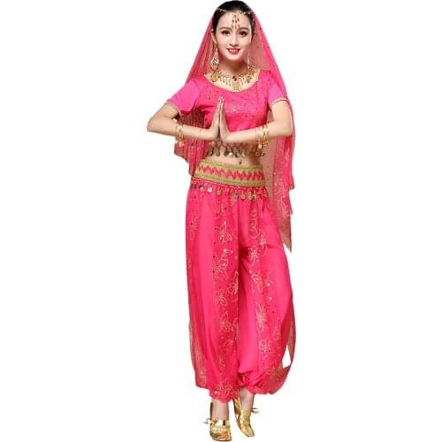 Halloween Sari Dancewear Women Belly Dance Costume Set Indian Dance Costumes Bollywood Outfits (Top+belt+pants+veil+headpiece)