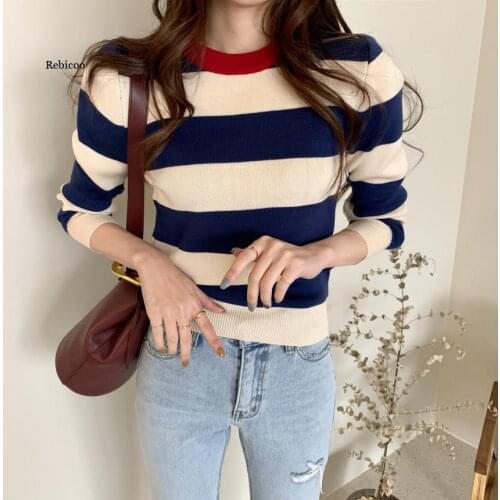 Spring Korean Knitted Striped Pullover Sweater Women Long Sleeve O-neck Vintage Fashion Casual Female Tops Sweaters