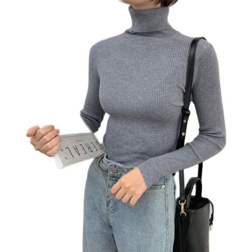 2020 Autumn Winter Women Knitted Turtleneck Sweater Casual Soft Jumper Femme Striped Stretchable Pullover Girls Tops b670