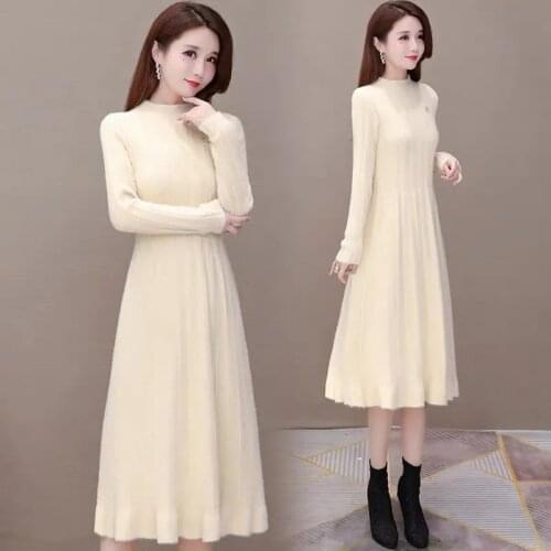 Winter Warm Base Sweater Dress Women Elegant Long Sleeve Soft Mink Cashmere Midi Dress Fashion Casual Slim Ruffle Pleated Dress