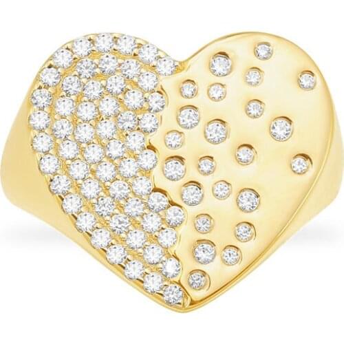 SLJELY Fashion Real 925 Sterling Silver Yellow Gold Color Paved Zirconia Love Heart Statement Ring Women High Quality Jewelry