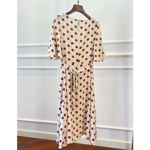 Womens Dot Print Dress Lace-Up Sashes Short-Sleeve Sweet Ladies 100% Silk Robe 2021 Summer Autumn Long Robes