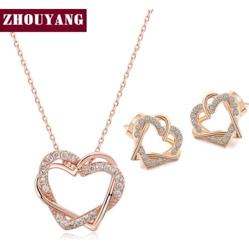 ZHOUYANG Top Quality ZYS007 Rose Gold Color Elegant Hearts Wedding Jewelry Necklace Earrings Set Made with Austrian Crystals
