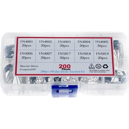 10 specifications 200pcs 1N4001 4002 4003 4004 4005 4006 4007 5817 5818 1N5819 Schottky rectifier diode box set