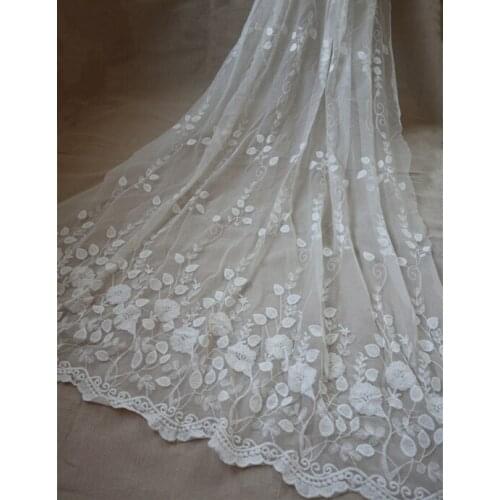 Off white cotton lace fabric by the yard, ivory white cotton embroidered lace fabric, double edge floral lace fabrics