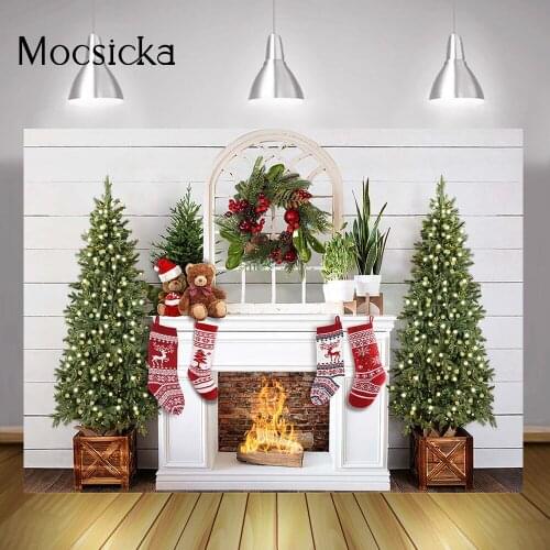 White Christmas Fireplace Portrait Backdrop for Photography Socks Christmas Tree Bear Toys Wreath Background Winter Family Party