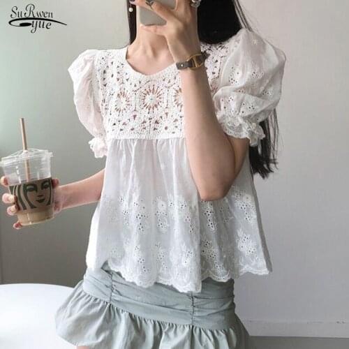 Blusas 2021 Summer Korea Lace Blouse Women Embroidery Stitching Short Sleeve Office Floral Hollow Out O-Neck Shirts Women 14726