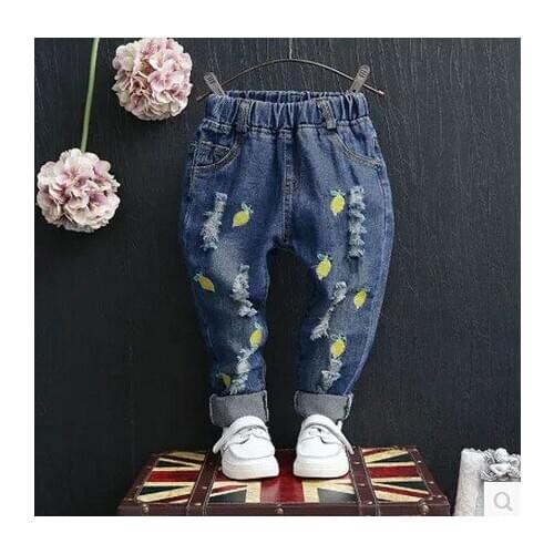 Spring and Autumn children baby lemon cherry embroidery hole trousers girls jeans
