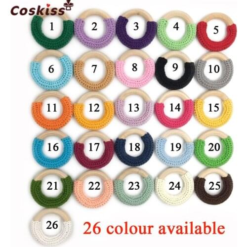 26pcs 5cm(1.97'')Wood Teether Baby Teething Toy Natural Maple Cotton Wooden Ring Charms Chunky Crochet Ring Baby Teether