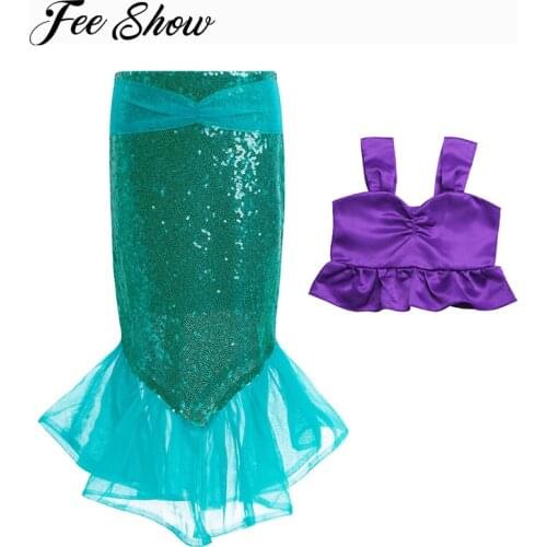 2PCS Kids Girls Shinny Sequins Mermaid Tails Party Costume Outfits Top+Skirt Swimming Dress for Childrens Summer Clothing