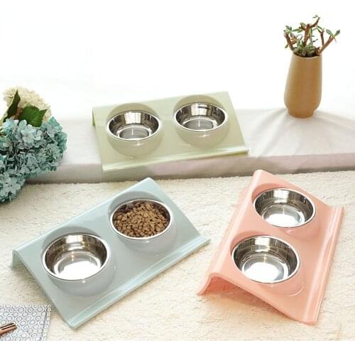 Double Cat Cat Food Dish Stainless Steel Water Feeder Dog Drinkers Kitten Protect Feeding Neck dog food bowl cat water bowl