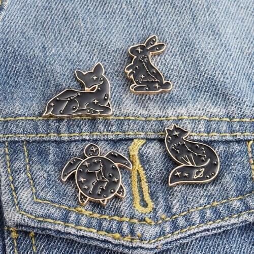 Animal Constellation Enamel Pins Black Rabbit Fox Turtle Deer Bag Brooch Lapel Badge Cartoon Jewelry Gift for Kids Friends