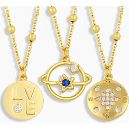 FLOLA Round Star Necklace Pendant Gold Beads Chain Planet Love Charms Necklace CZ Cubic Zirconia Wholesale Jewelry Gifts nket92