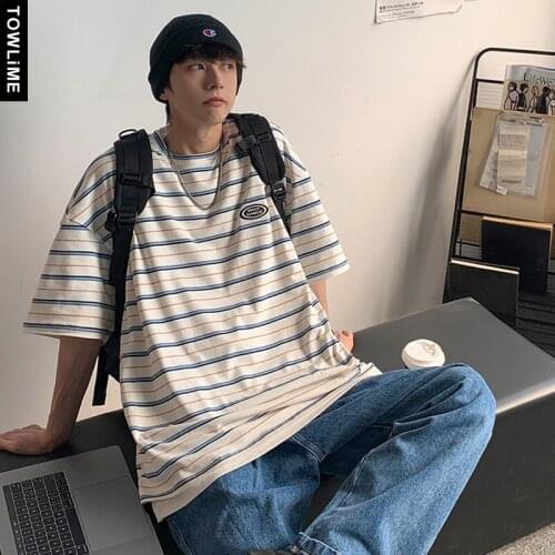 Summer New Oversized Striped T Shirts For Men Harajuku Cotton Tops Mens Short Sleeve Tshirts Couple Clothes Streetwear Tees