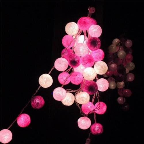 Thai Style 20Pcs/Lot Pink Cotton Ball LED Battery Powered or US Plug String Lights Fairy for XMas Party Garland Party Wedding