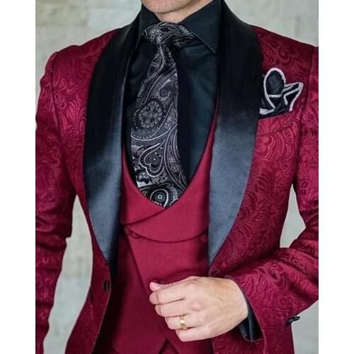 Gwenhwyfar 2021 Tailor-Made Burgundy Wedding Men Suits Slim Fit Tuxedos 3 Pieces Suit Groom Prom Jacquard Blazer Terno Masculino