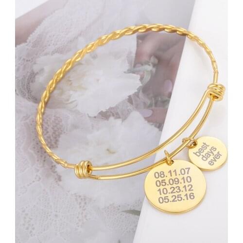 Customized Name Round Bracelets Personalise Engrave Birthday Date Adjustable Stainless Steel Bracelet For Women Gift