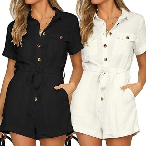 Bodysuit Womens Jumpsuit Casual Button Down Cuffed Short Sleeve Casual Boho Playsuit Jumpsuit Overalls Комбинезон Женский @40
