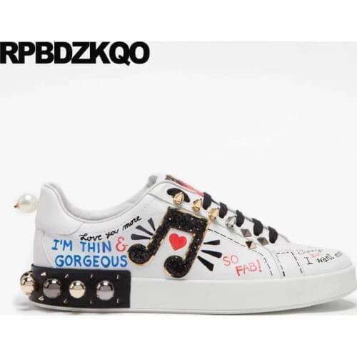 Sneakers diamond printed rivet flats pearl elevator trainers red thick sole yellow stud designer shoes women luxury 2019 italian