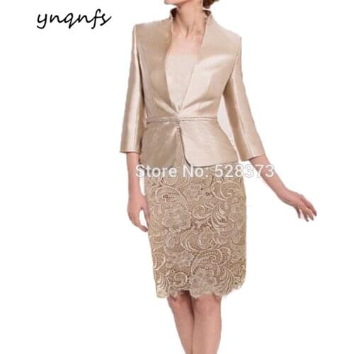 YNQNFS M74 Champagne Lace Satin Two Piece Mother of the Bride Dresses 3/4 Sleeve Jacket Bolero Outfits Party Gown
