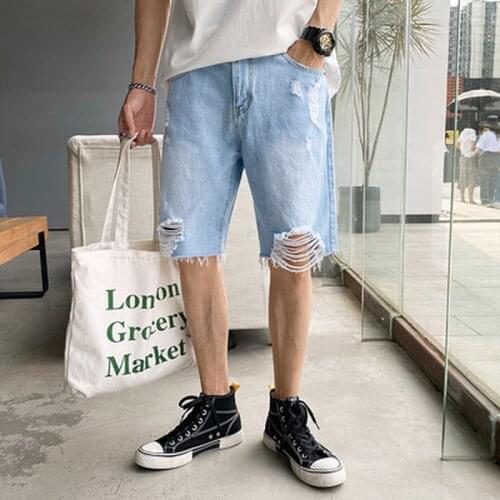 2021 summer denim shorts straight mens shorts hip-hop beggar irregular denim shorts fashion casual men knee-length jeans
