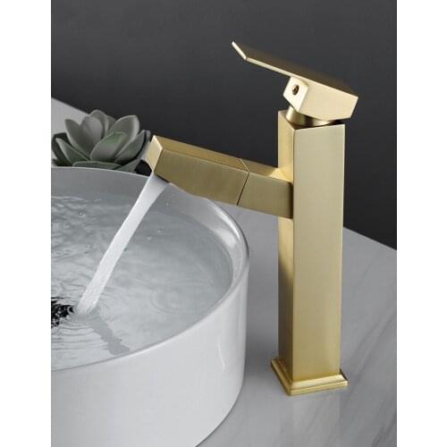 Brushed Gold Bathroom Basin Faucets Pull Rotate Type Solid Brass Hot & Cold Single Handle Sink Mixer Lavatory Crane Taps