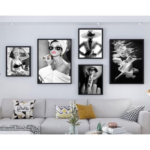 Fashion Wall Art Black White Underwater Woman Print Sexy Female Canvas Art Beauty Wall Picture Painting Modern Home Decor
