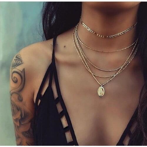 Fashion necklace Virgin Mary Madonna Pendant Oval-shaped Five layer necklace Gold color metal chain choker