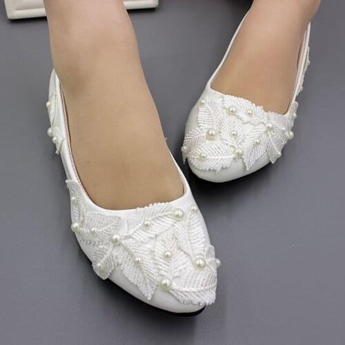 New fashion design lace pearls flats wedding shoes for woman ladies plus sizes bridal flats shoes